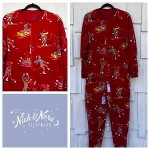 Nick & Nora Sock Monkey Fleece One Piece Pajamas Union Suit Red Large
